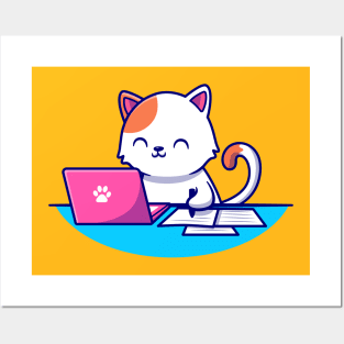 Cute Cat Working Laptop And Writing On Paper Posters and Art